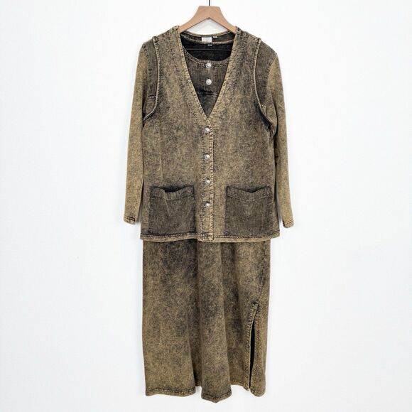 Vtg Focus 90s Dress & Vest Set Womens Small Brown 100% Cotton Lagenlook Hippie - Picture 1 of 16